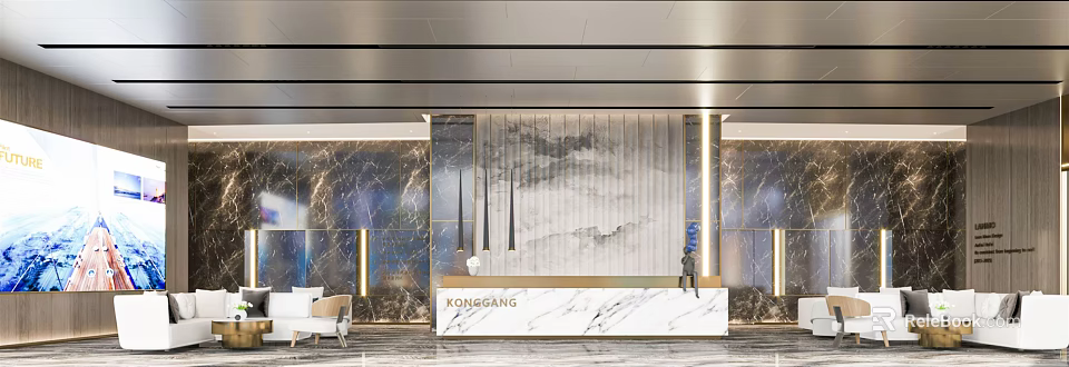 Modern Front Desk Reception With Marble Backdrop Elegant Lighting And Lobby Signage 3d model 