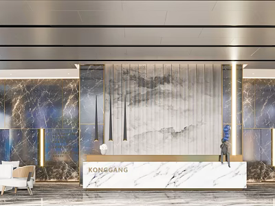 Modern Front Desk Reception With Marble Backdrop Elegant Lighting And Lobby Signage 3d model