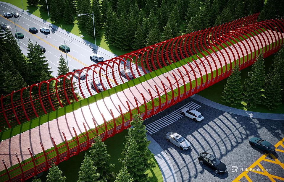 Red Modern Footbridge With Curved Structure And Green Trees Over Road With Cars 3d model 