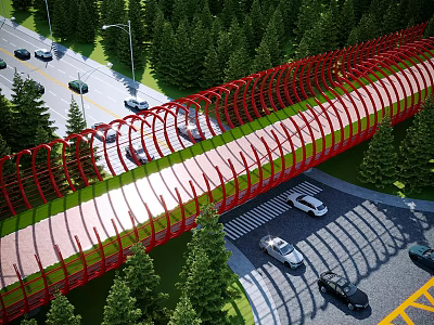 Red Modern Footbridge With Curved Structure And Green Trees Over Road With Cars 3d model
