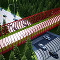 Red Modern Footbridge With Curved Structure And Green Trees Over Road With Cars