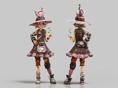 Two Fantasy Wizard Characters In Pink Black Attire With Decorative Hats Holding Colorful Orbs 3d model