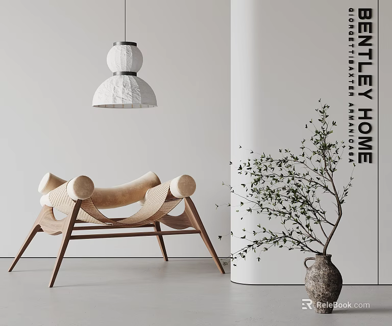 Modern Leisure Chair With Wooden Frame Upholstered Cushion Green Plant And Pendant Light 3d model 