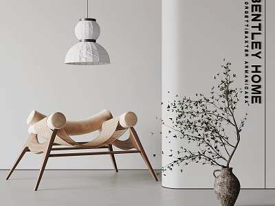 Modern Leisure Chair With Wooden Frame Upholstered Cushion Green Plant And Pendant Light 3d model
