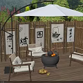Outdoor Chairs With Bamboo Fence White Umbrella Fire Pit Fruits And Green Plants