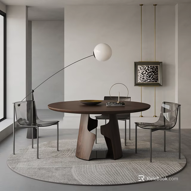 Round Wooden Dining Table Set With Transparent Acrylic Chairs Floor Lamp And Gray Wall 3d model 