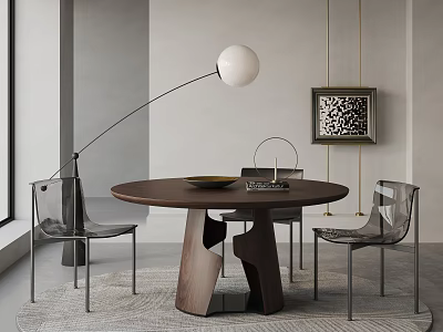 Round Wooden Dining Table Set With Transparent Acrylic Chairs Floor Lamp And Gray Wall 3d model