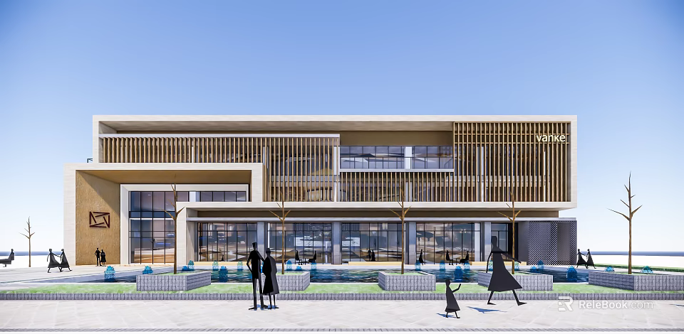 Modern Sales Office Building Exterior With Wooden Facade Large Glass Windows And Water Features 3d model 