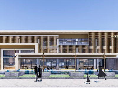 Modern Sales Office Building Exterior With Wooden Facade Large Glass Windows And Water Features 3d model
