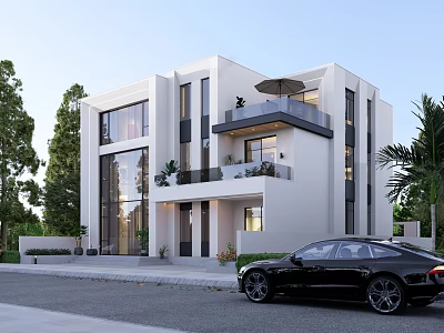 Modern Detached Villa with White Exterior Large Windows Balcony and Black Car Near Greenery 3d model