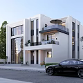 Modern Detached Villa with White Exterior Large Windows Balcony and Black Car Near Greenery