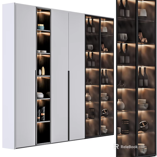 Stylish Modern Decorative Cabinet With Layered Shelves And Illuminated Decor Items 3d model 