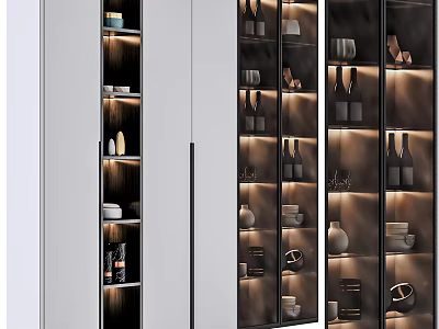 Stylish Modern Decorative Cabinet With Layered Shelves And Illuminated Decor Items 3d model