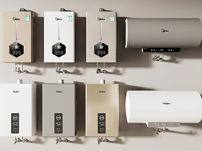Modern Wall Mounted Water Heaters With Various Colors And Midea Haier Brands 3d model