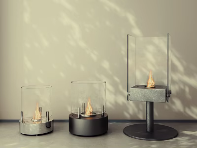 Stylish Glass Enclosed Fireplaces with Different Base Designs and Burning Flames for Modern Home Decor 3d model