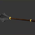 Medieval Polearm With Metallic Head Wooden Handle And Decorative Golden Accents