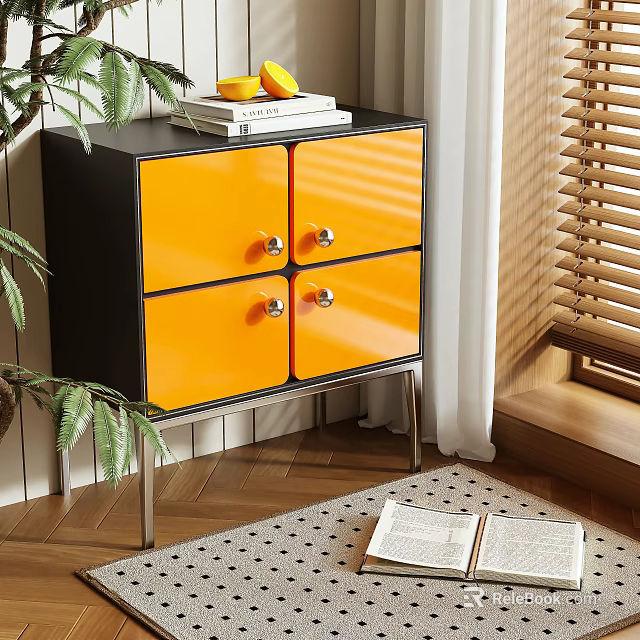 Black and Orange Bedside Table with Drawers Silver Knobs Plant Blinds and Open Books 3d model