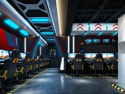 Hi Tech Modern Internet Cafe Interior With Gaming Chairs And LED Lighting 3d model