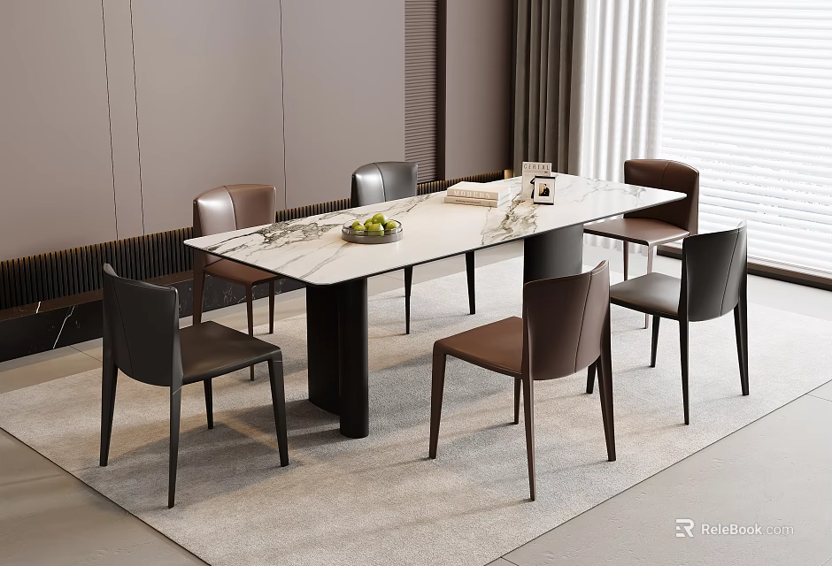 Modern Dining Table Set With Marble Top Dark Brown Black Chairs On Light Grey Rug 3d model 