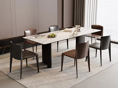 Modern Dining Table Set With Marble Top Dark Brown Black Chairs On Light Grey Rug 3d model