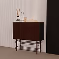 Modern Entryway Console Cabinet With Brown Wood Vertical Slats Metal Legs And Decor Items On Top