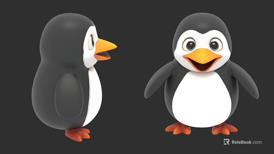Two Cute 3D Cartoon Penguins With Black White Bodies And Orange Beaks And Feet 3d model 