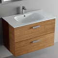 Wooden Bathroom Vanity With White Countertop Large Mirror And Tall Cabinet
