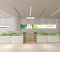 Modern Bank Interior Design With Green Service Counters And Customer Lobby Area