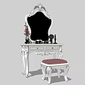 Elegant Dressing Table With Ornate Mirror Carved Details And Pink Cushion Stool