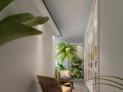Bright Elevator Hallway With White Walls Green Plants And Brown Chairs 3d model