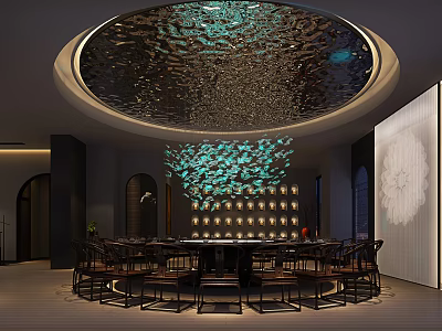 Elegant Private Dining Room With Circular Rippling Ceiling Green Pendant Light And Round Table 3d model