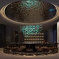 Elegant Private Dining Room With Circular Rippling Ceiling Green Pendant Light And Round Table 3d model