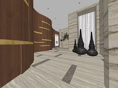 Modern Elevator Hallway Design With Wooden Walls Marble Accents And Decorative Vases 3d model