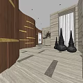 Modern Elevator Hallway Design With Wooden Walls Marble Accents And Decorative Vases