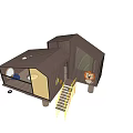 Unique Elevated Kids Play Building With Brown Exterior Large Windows Yellow Stairs Slide Lion Figure