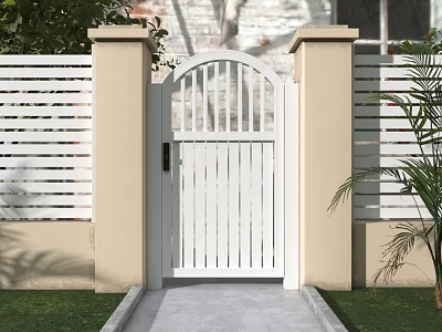 White Side-Hinged Gate With Beige Pillars White Slatted Fence Gray Pathway And Green Plants 3d model
