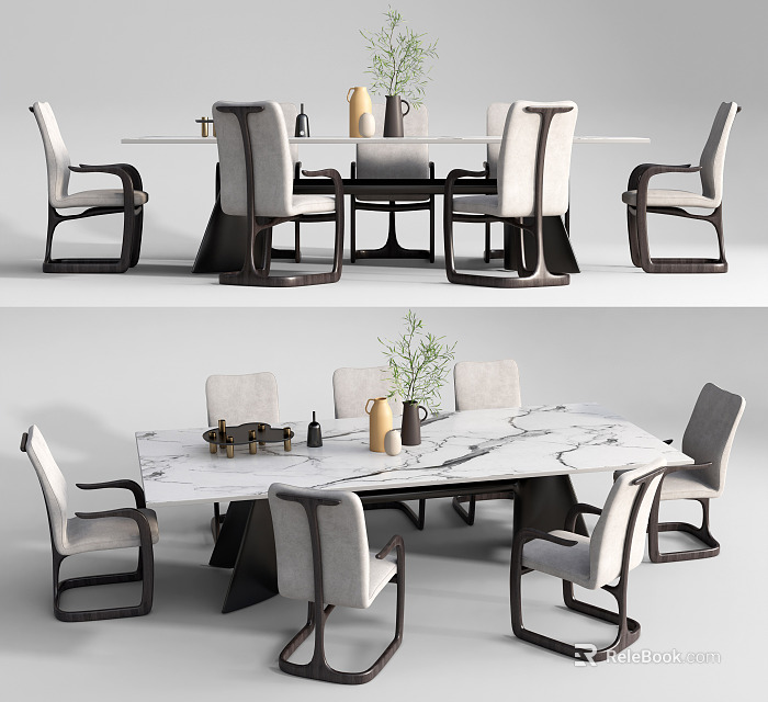 Modern Dining Table Set with Marble Tabletop Grey Upholstered Chairs and Potted Plant 3d model 