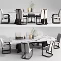 Modern Dining Table Set with Marble Tabletop Grey Upholstered Chairs and Potted Plant