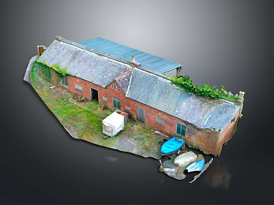 Old Red Brick Building with Gray Roof Plants White Shed Grass Blue Boats Near Waterfront 3d model