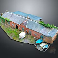 Old Red Brick Building with Gray Roof Plants White Shed Grass Blue Boats Near Waterfront
