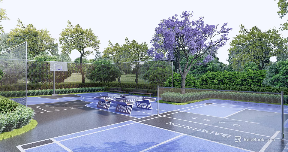 Scenic Park Landscape With Blue Tennis Court Purple Flowering Tree Benches And Greenery 3d model 