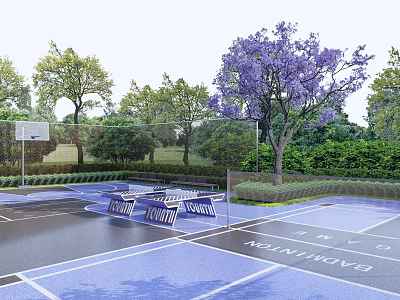 Scenic Park Landscape With Blue Tennis Court Purple Flowering Tree Benches And Greenery 3d model