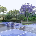Scenic Park Landscape With Blue Tennis Court Purple Flowering Tree Benches And Greenery