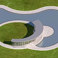 Modern Curved Pergola With White Columns Metal Strips And Water Reflection