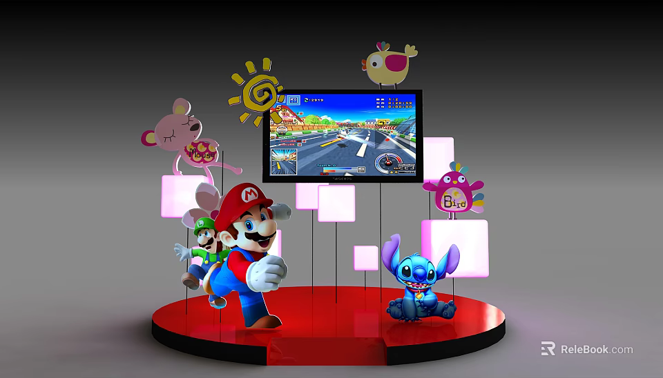 Cartoon Character Display With Mario Stitch TV Screen Game Scene And Red Platform 3d model 