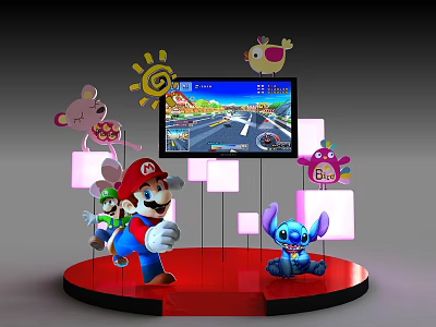 Cartoon Character Display With Mario Stitch TV Screen Game Scene And Red Platform 3d model