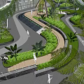 Modern Commercial Landscape With Lush Greenery Palm Trees Open Courtyard And Water Features