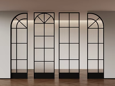 Modern Decorative Room Dividers Black Metal Frames Arched Tops White Walls Dark Wooden Flooring 3d model