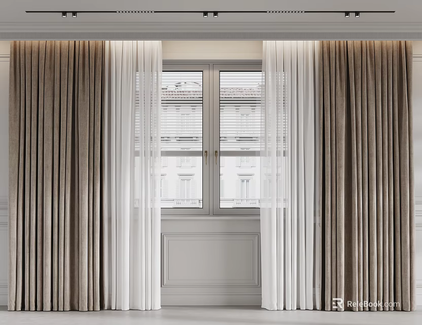 Elegant Dark And White Thick Sheer Curtains For Window Interior Design 3d model 