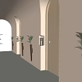 Elevator Corridor With Arched Ceiling Wall Lamps Plants And Warm Lighting 3d model